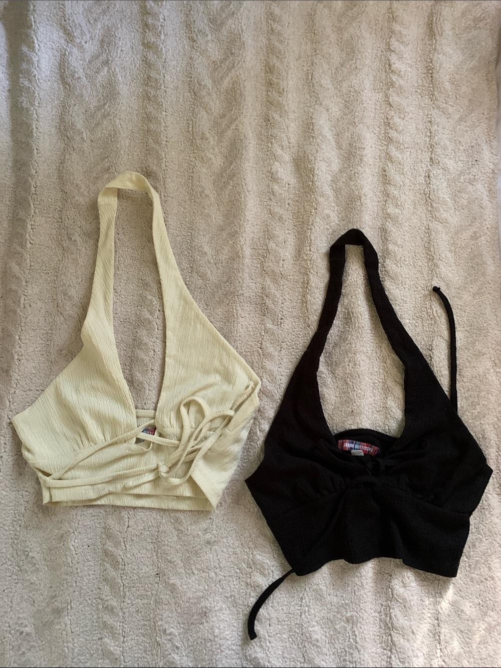 Urban Outfitters Halter Tie-Front Ribbed Crop Top in Black and Cream